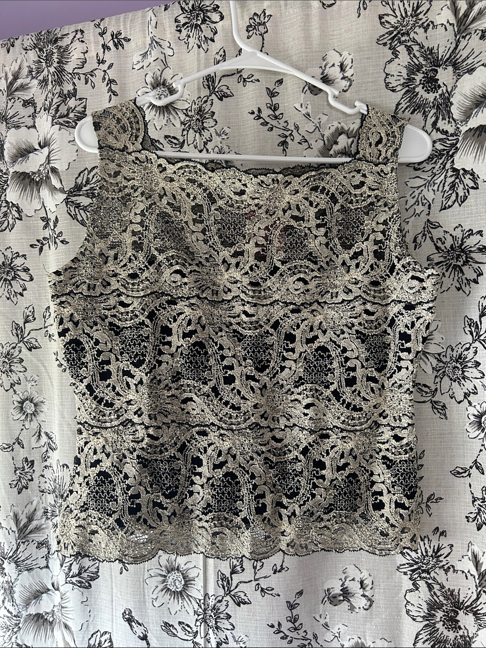 Lace Overlay Square Neck Tank Top - Black & Gold